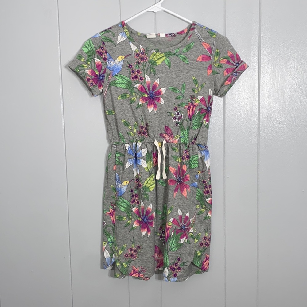 Gap Girl’s Short Sleeve Gray Floral Tropical Dress With Hummingbirds Size L (10)